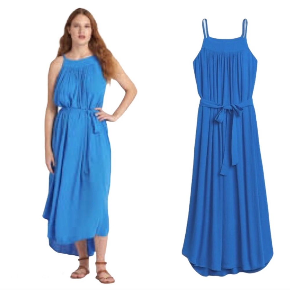 NWT GAP Crinkle Cut Sleeveless Midi Dress With Front Tie Belt Blue Size XS